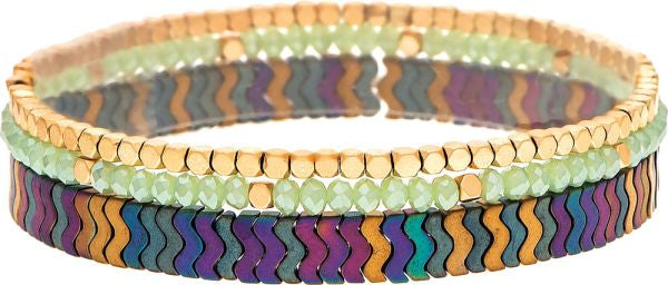 Elegant Gold, Mint & Peacock Wavy Link Bracelet Set of Three