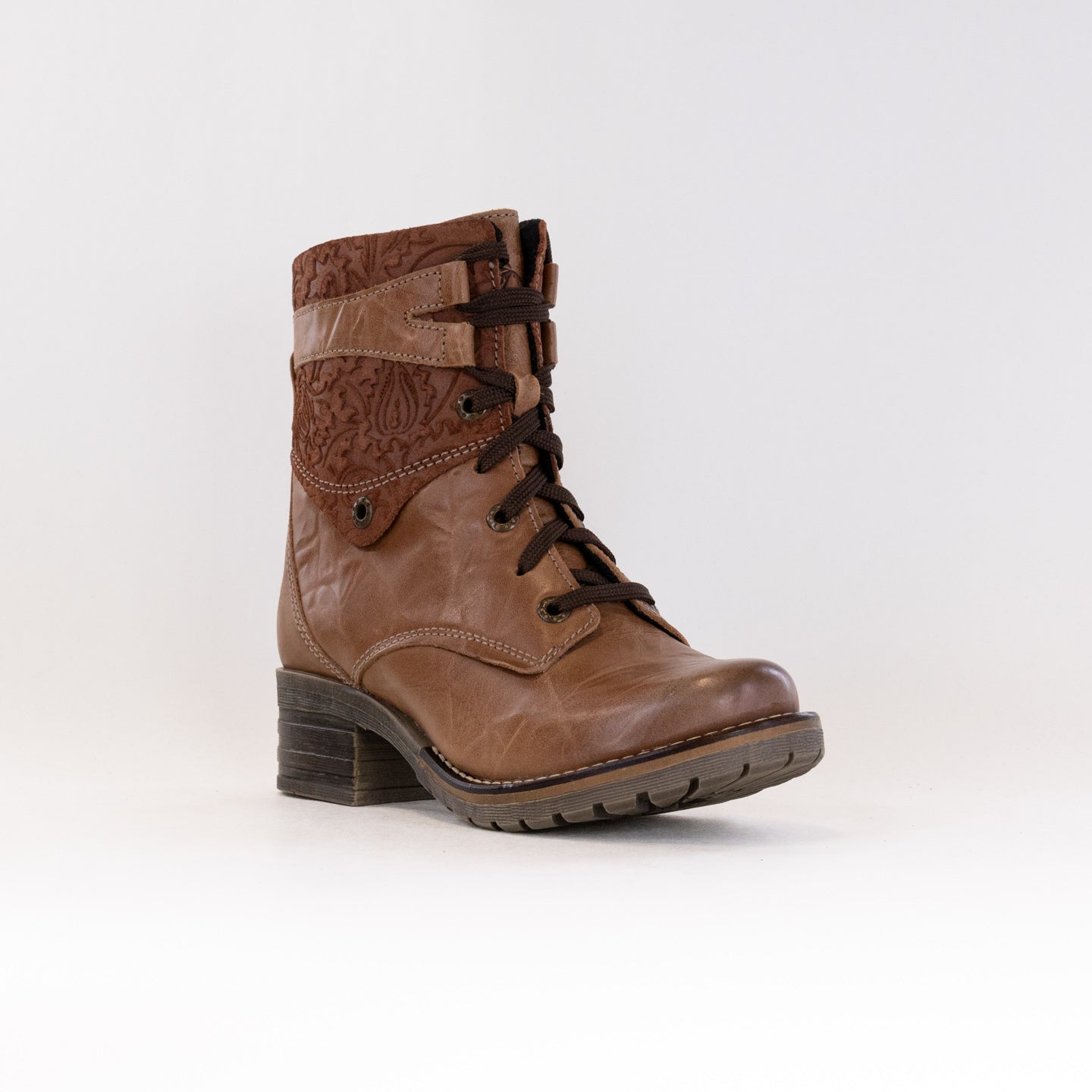 Women's Dromedaris Kara Print Saddle Pattern Short Padded Lace - Up Boots
