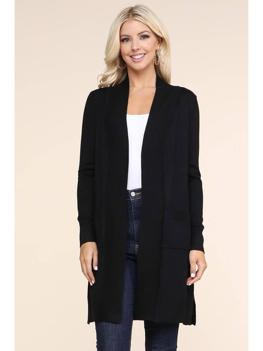Cozy Long Sleeve Front-Open Cardigan with Convenient Side Pockets