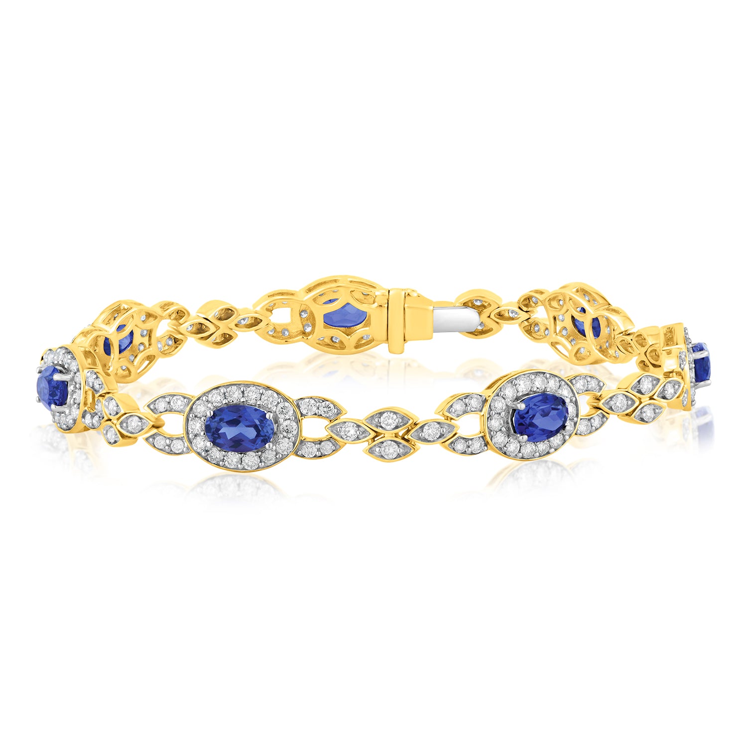 19cm 9ct Yellow Gold Bracelet with Diamonds and Lab - Created Sapphires