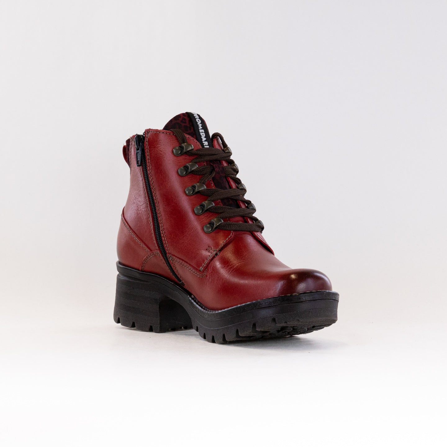 Dromedaris Karlie Women's Short Lace-up Ankle Boots in Red with Mini Leo Print