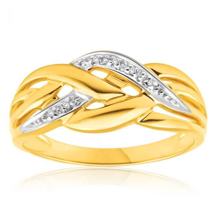 Exquisite 9ct Yellow Gold Ring Set with 5 Sparkling Diamonds in Wagara Wave Design