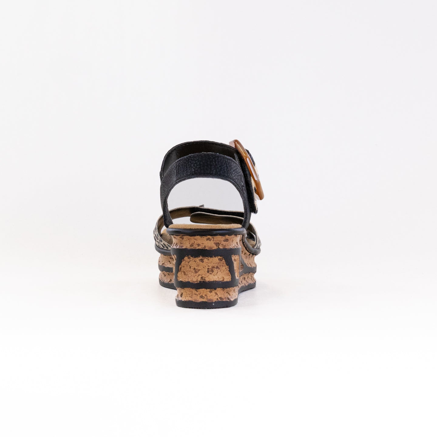Rieker Women's Rose 68176 Wedge Sandals in Ginger, Black, and Light Gold Shades
