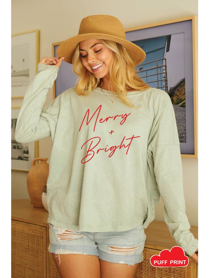 Festive Merry and Bright Mineral - Washed Long - Sleeve Graphic Puff Top