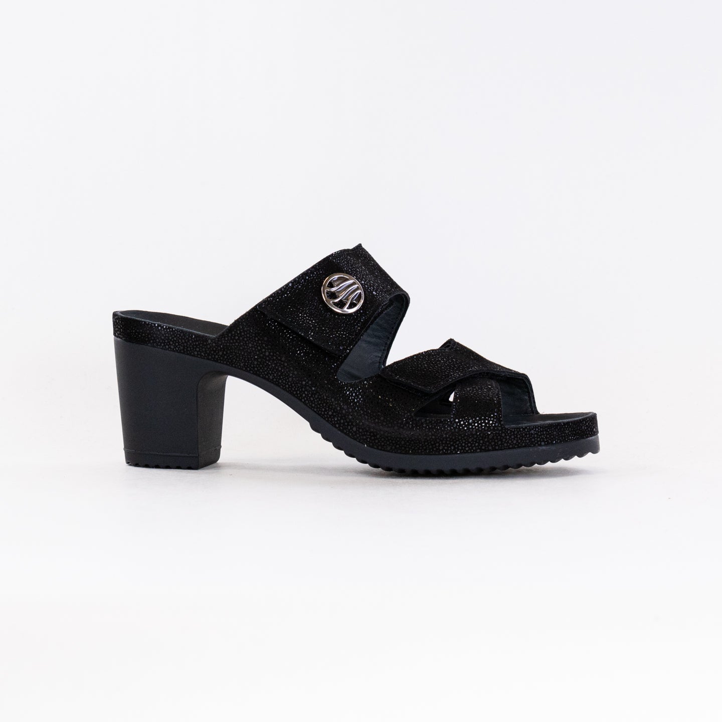 Women's Black Metallic Leather Vital Petra Mule Comfort Sandals