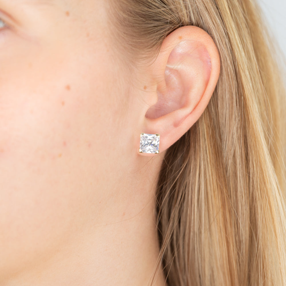 Stylish 9ct Yellow Gold 8mm Cubic Zirconia Princess Stud Earrings for Daily Wear