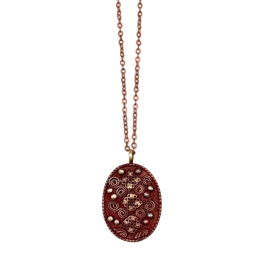 Unique Burgundy Filigree and Spirals Copper Patina Pendant Necklace