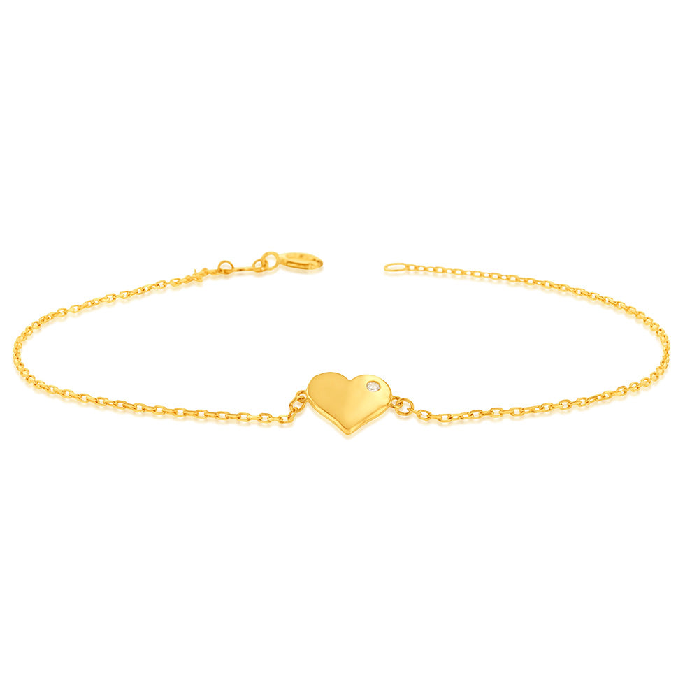 19.1cm 9 Carat Yellow Gold Bracelet with Cubic Zirconia-Embellished Heart Pendant