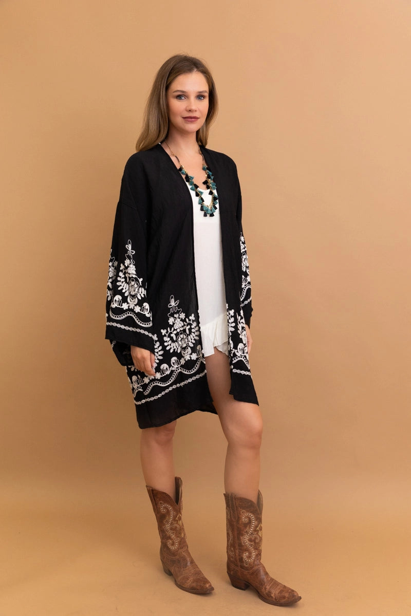 Leto Lightweight Embroidered Floral Vine Kimono with Bell Sleeves
