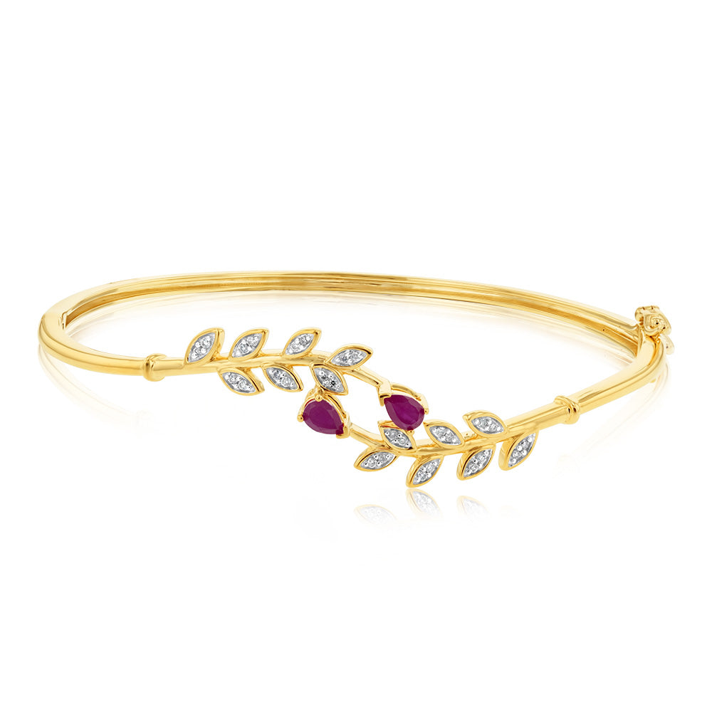 9ct Yellow Gold Bangle with Diamonds and Lab - Created Rubies