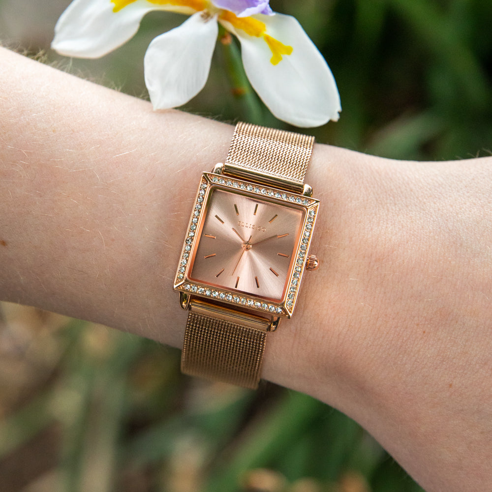 Ellis & Co Jayde Women's Luxury Rose Dial Watch with Stainless Steel Mesh Strap