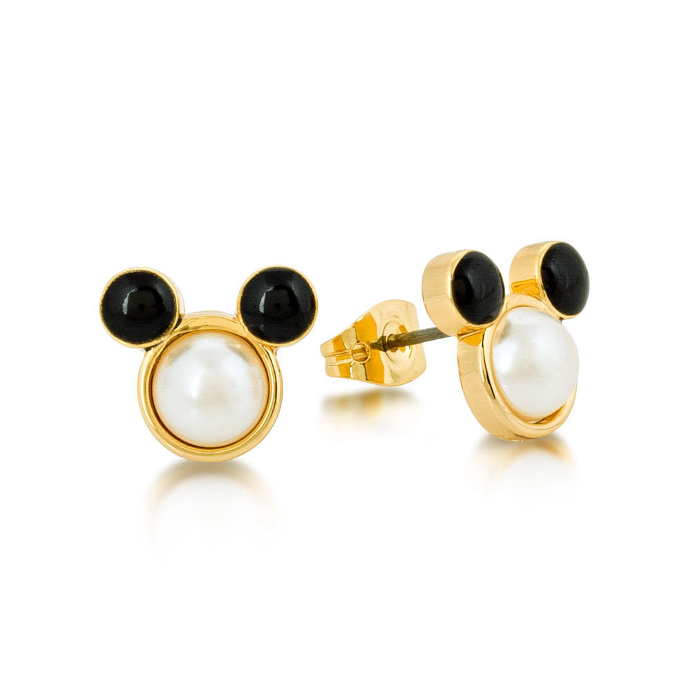 Disney Branded Mickey Mouse Inspired Simulated Pearl and Black Crystal Decorated Stud Earrings for Fashionable Wear