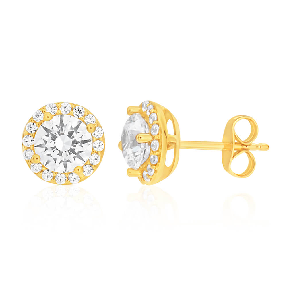 Stunning 9ct Yellow Gold Cubic Zirconia Halo Stud Earrings with Accent Stones