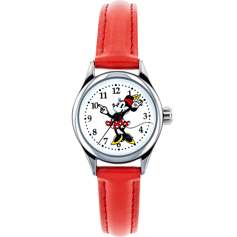 Official Disney TA56700 Petite Minnie Mouse Design Red Leather Strap Wristwatch for Everyday Wear
