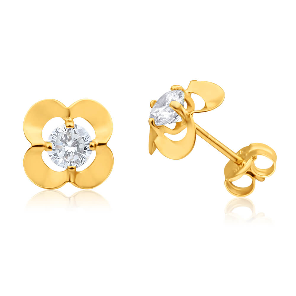 9-carat Yellow Gold Stud Earrings with Cubic Zirconia Flower Design