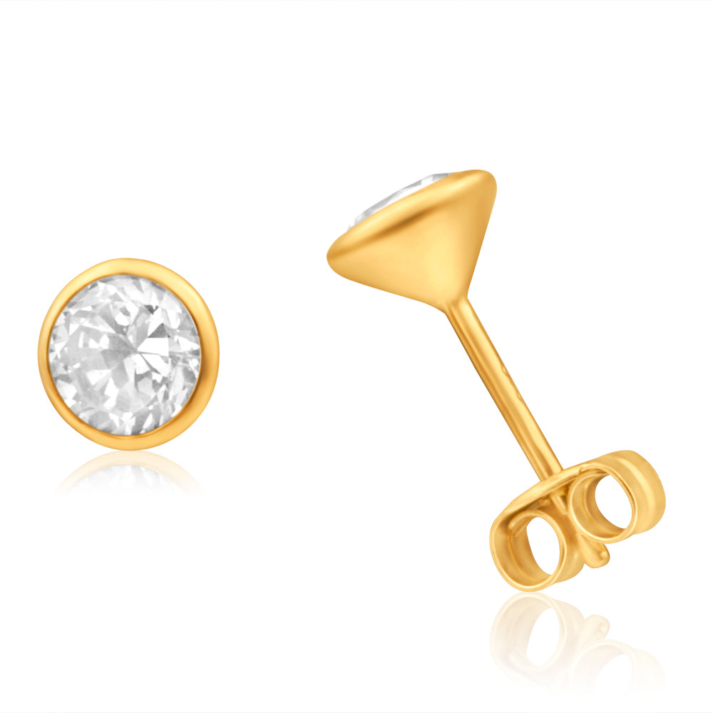 9ct Yellow Gold 5mm Bezel Set Round Cubic Zirconia Stud Earrings