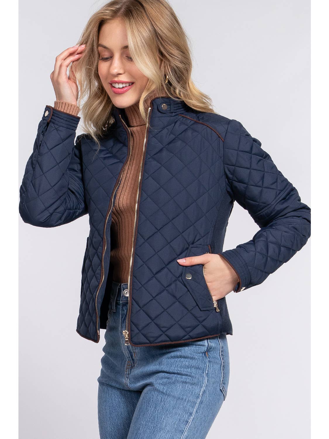 Stylish Suede Piping and Ribbed Quilted Warm Padded Jacket