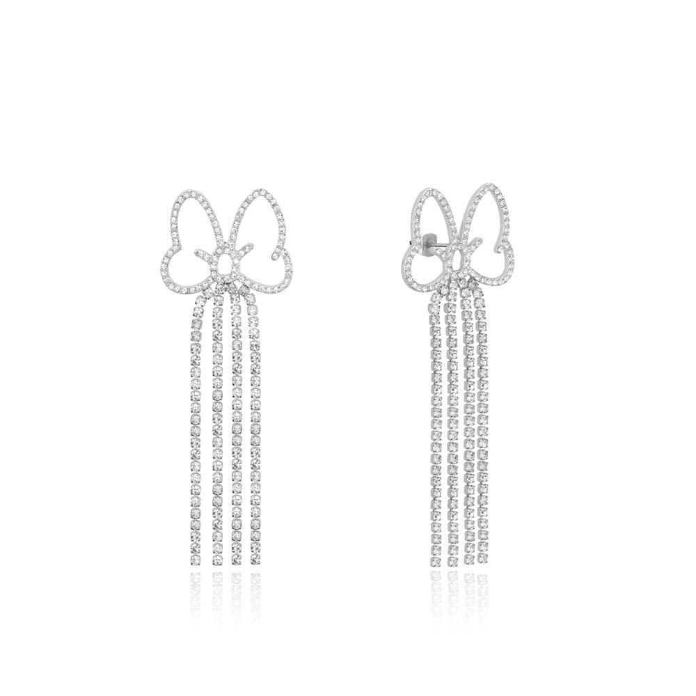 Disney Minnie Mouse-inspired Clear Crystal Drop Bow Earrings in 14k White Gold Plating
