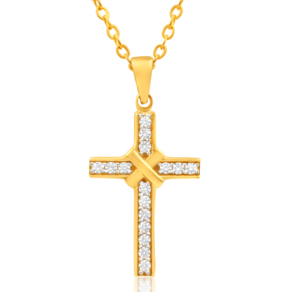 9 Carat Yellow Gold Cubic Zirconia Christian Cross Pendant Necklace for Special Occasions
