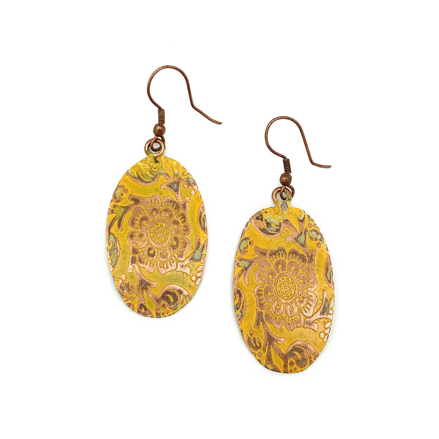 Handmade Copper Patina Decorative Earrings with Stunning Yellow Flower Design