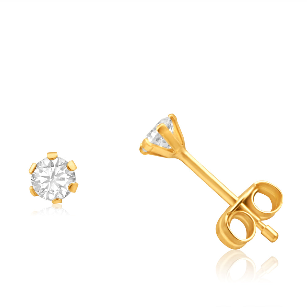9ct Yellow Gold 3mm Cubic Zirconia Stud Earrings with 6 Claw Setting