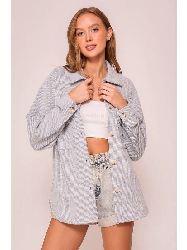 Brushed Waffle Patterned Long - Sleeved Button - Down Shacket Jacket