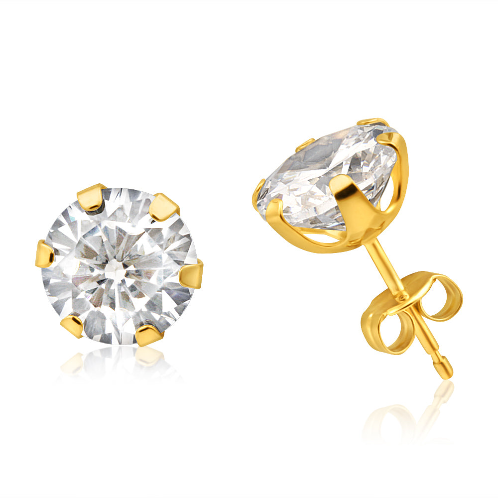 8mm 9ct Yellow Gold 6 Claw Stud Earrings with Sparkling Cubic Zirconia