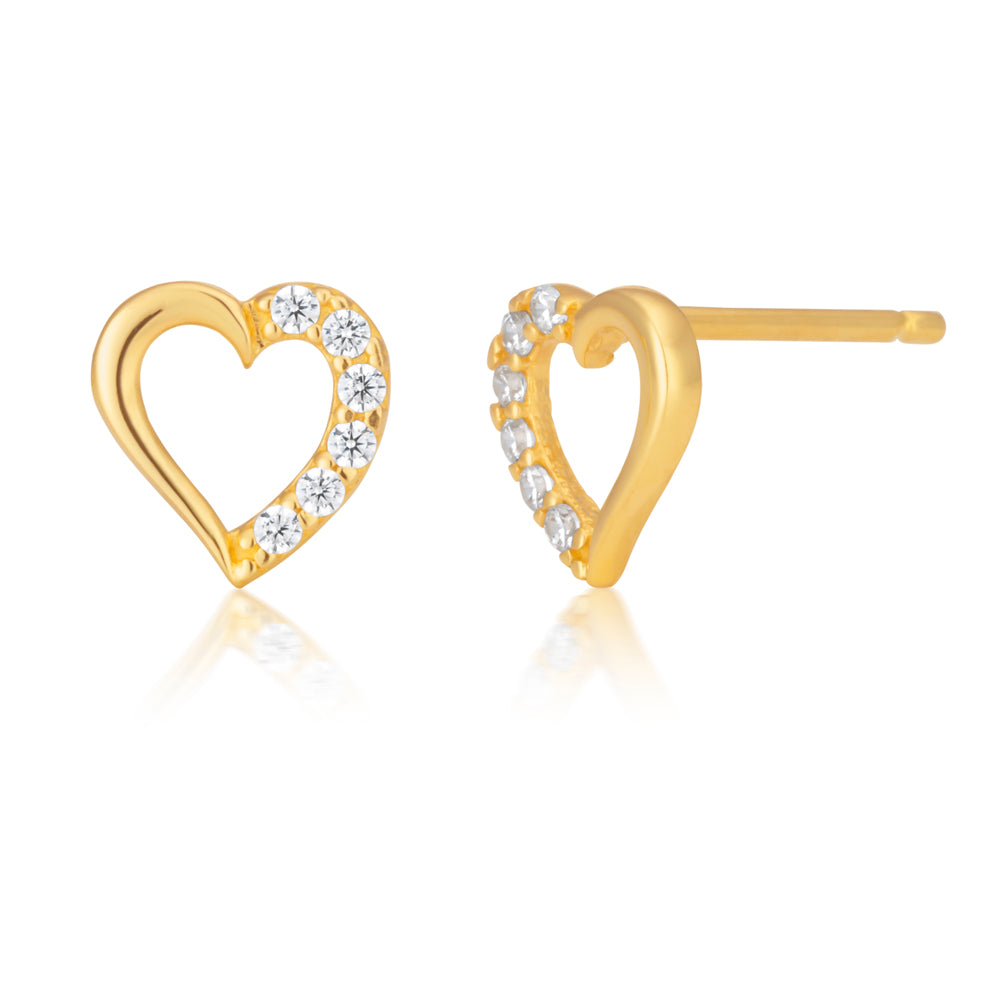 9ct Yellow Gold Cubic Zirconia Stud Earrings in Open Heart Design