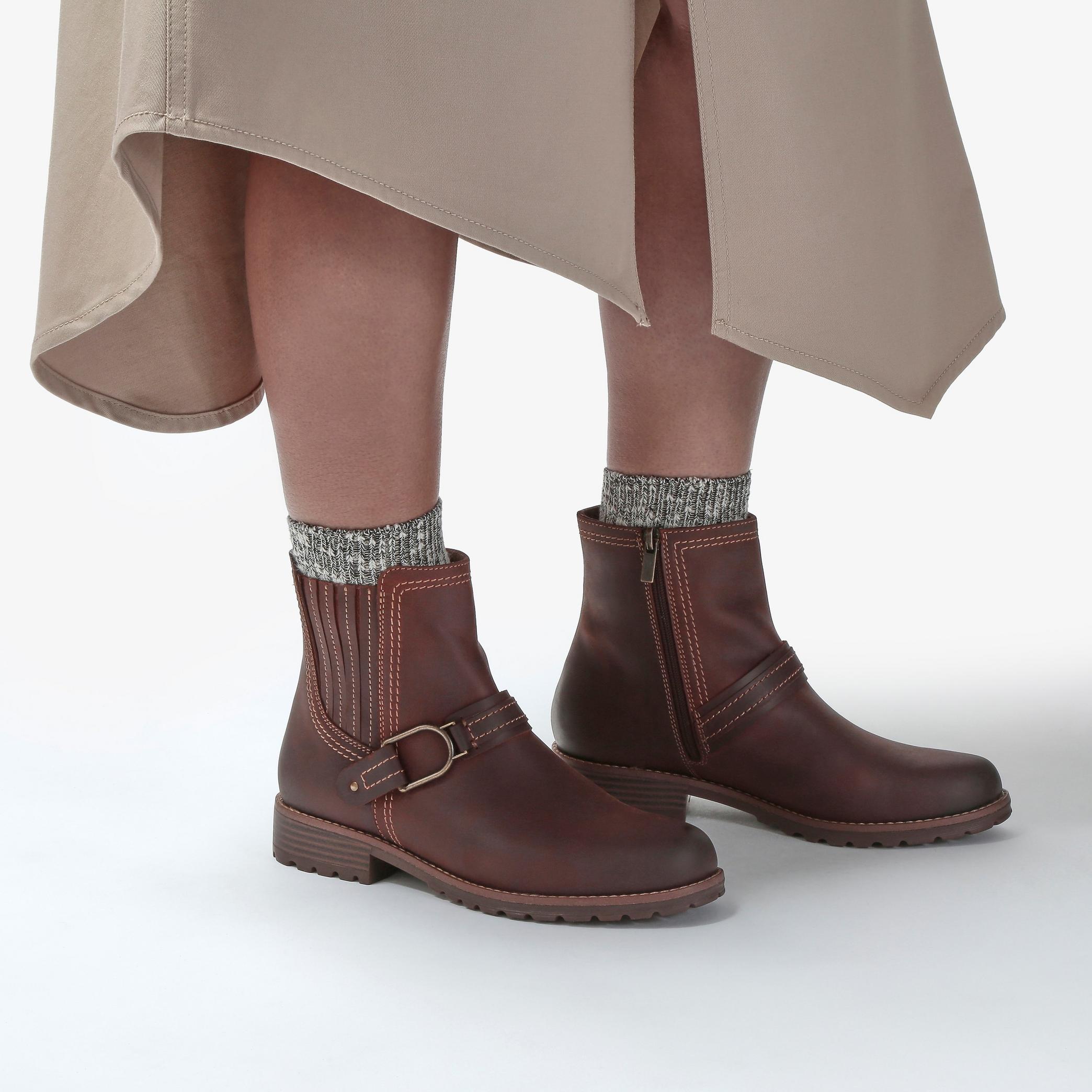 Women's Clarks Aspra Buckle Ankle Boots in British Tan Leather