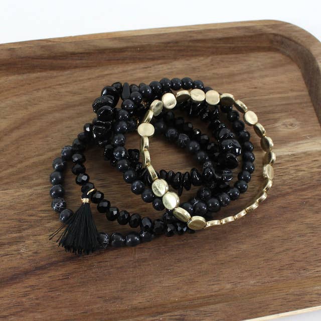 Stylish Five - Row Set of Stretch Bracelets Crafted from Stone and Glass Beads