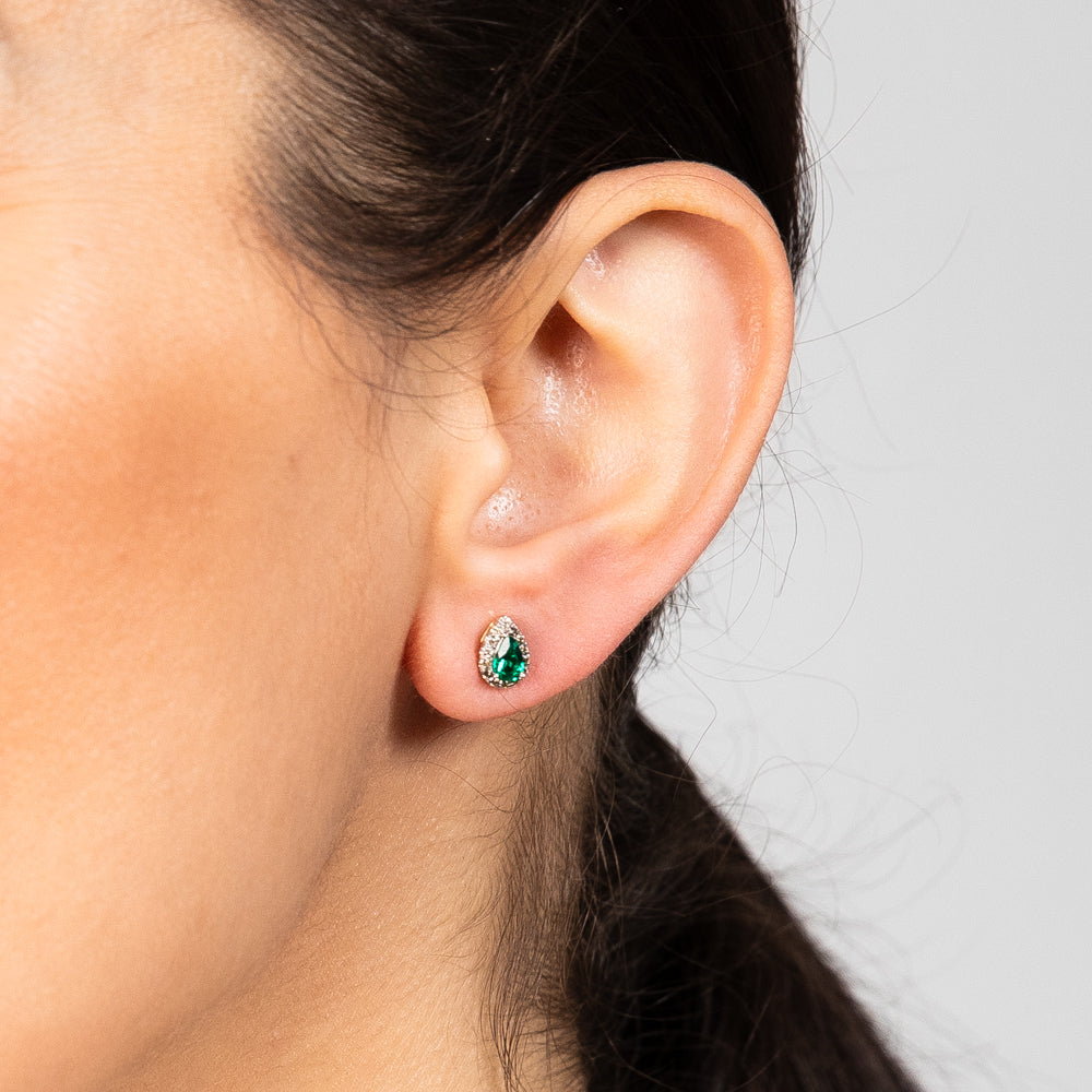 Stunning 9ct Yellow Gold Stud Earrings with Diamonds and Lab - Created Pear - shaped Emeralds