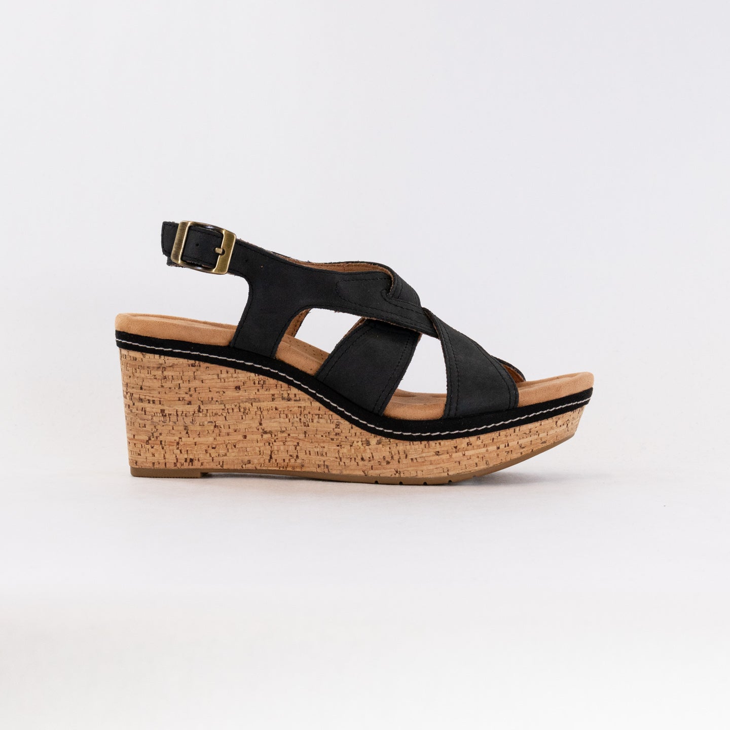 Women's Stylish Clarks Elleri Rae Wedge Sandals in Black Nubuck