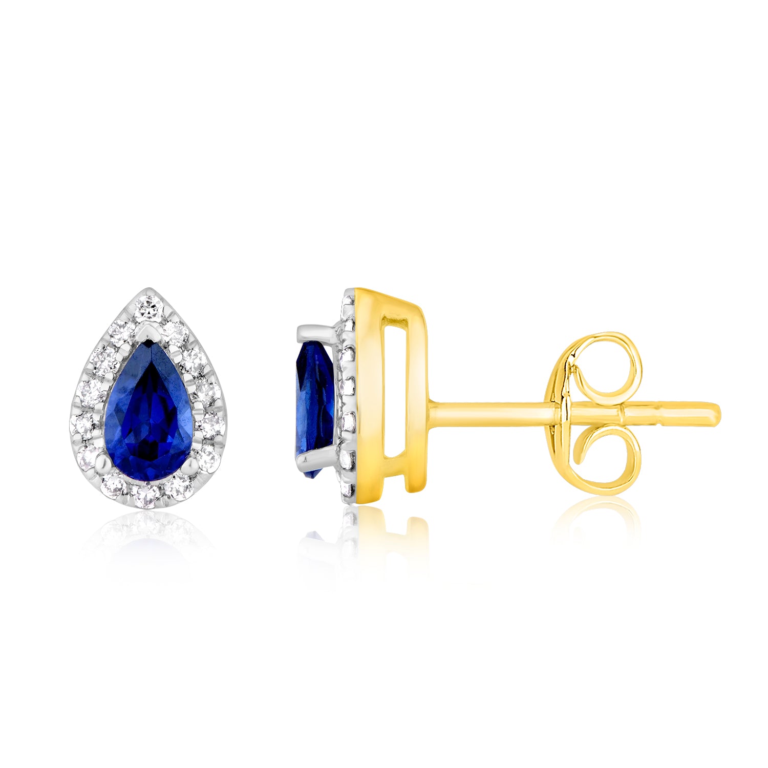Gorgeous 9ct Yellow Gold Stud Earrings with Diamonds and Created Pear Sapphires