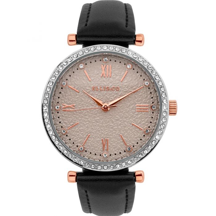Ellis & Co Women's Black Leather Watch with Rose Gold Accents and Emily Crystal Set