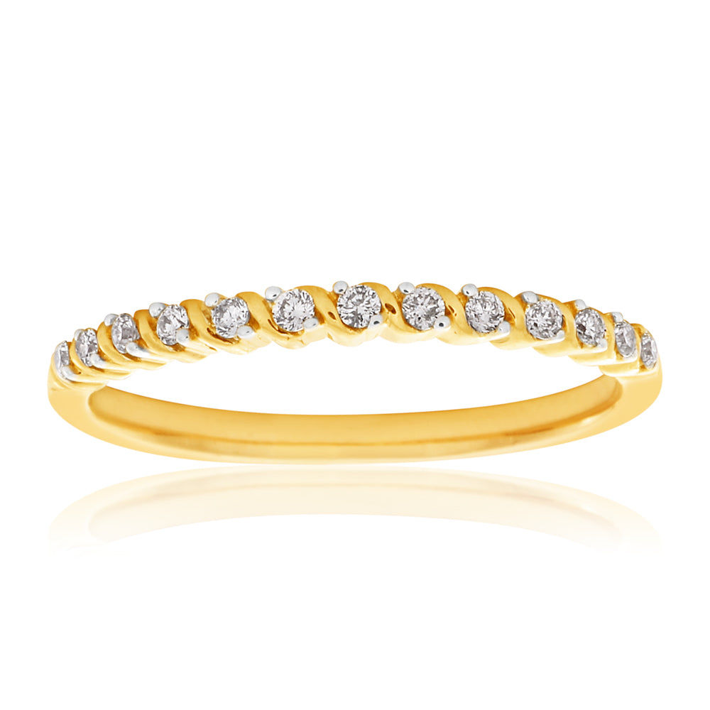9ct Yellow Gold Ladies' Diamond Engagement Ring Featuring 13 Brilliantly Cut Diamonds and Rhodium - Coated Claws
