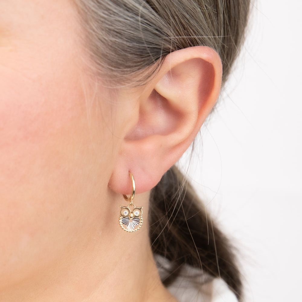 Stylish 9ct Yellow Gold Cubic Zirconia Owl-shaped Hoop Earrings