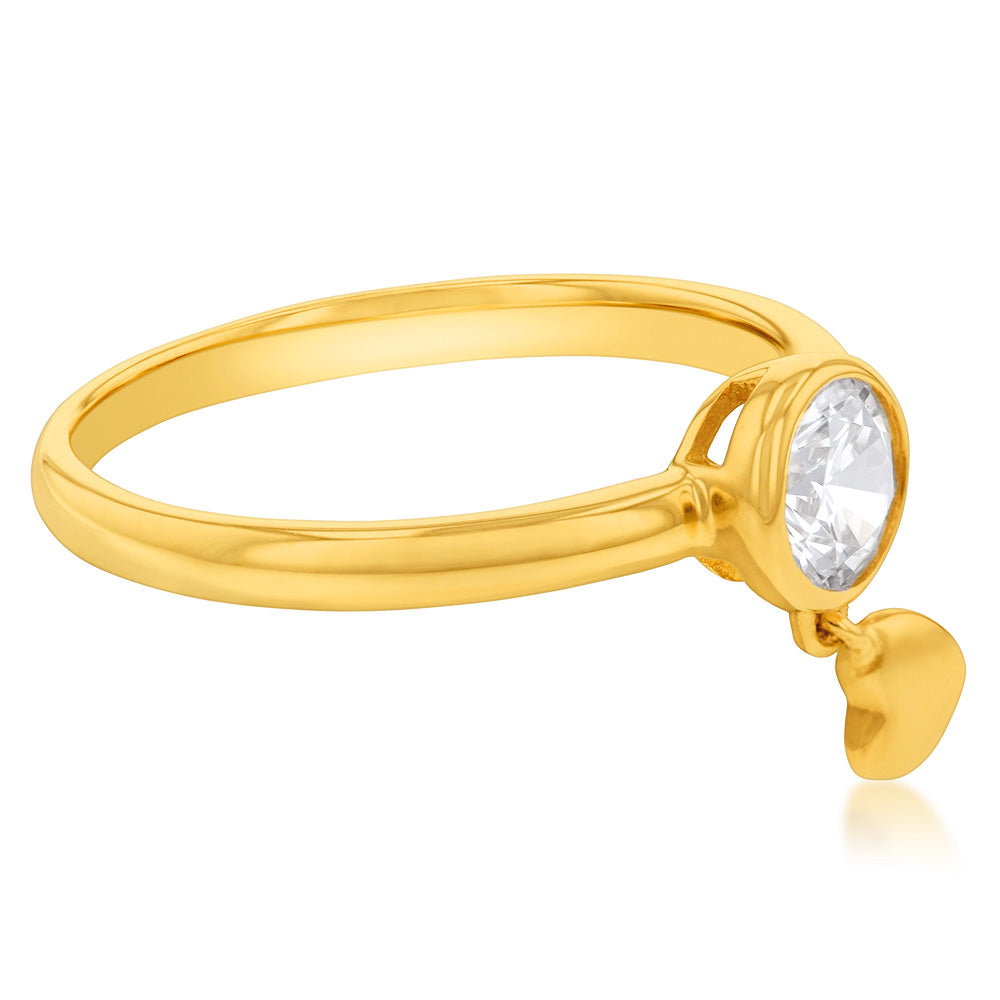 Exquisite 9ct Yellow Gold Ring with Cubic Zirconia and Dangling Heart Charm