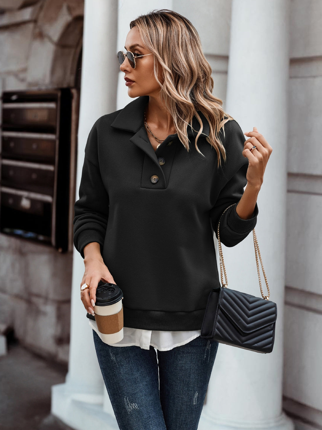 Stylish Collared Button-up Henley Casual Sweatshirt