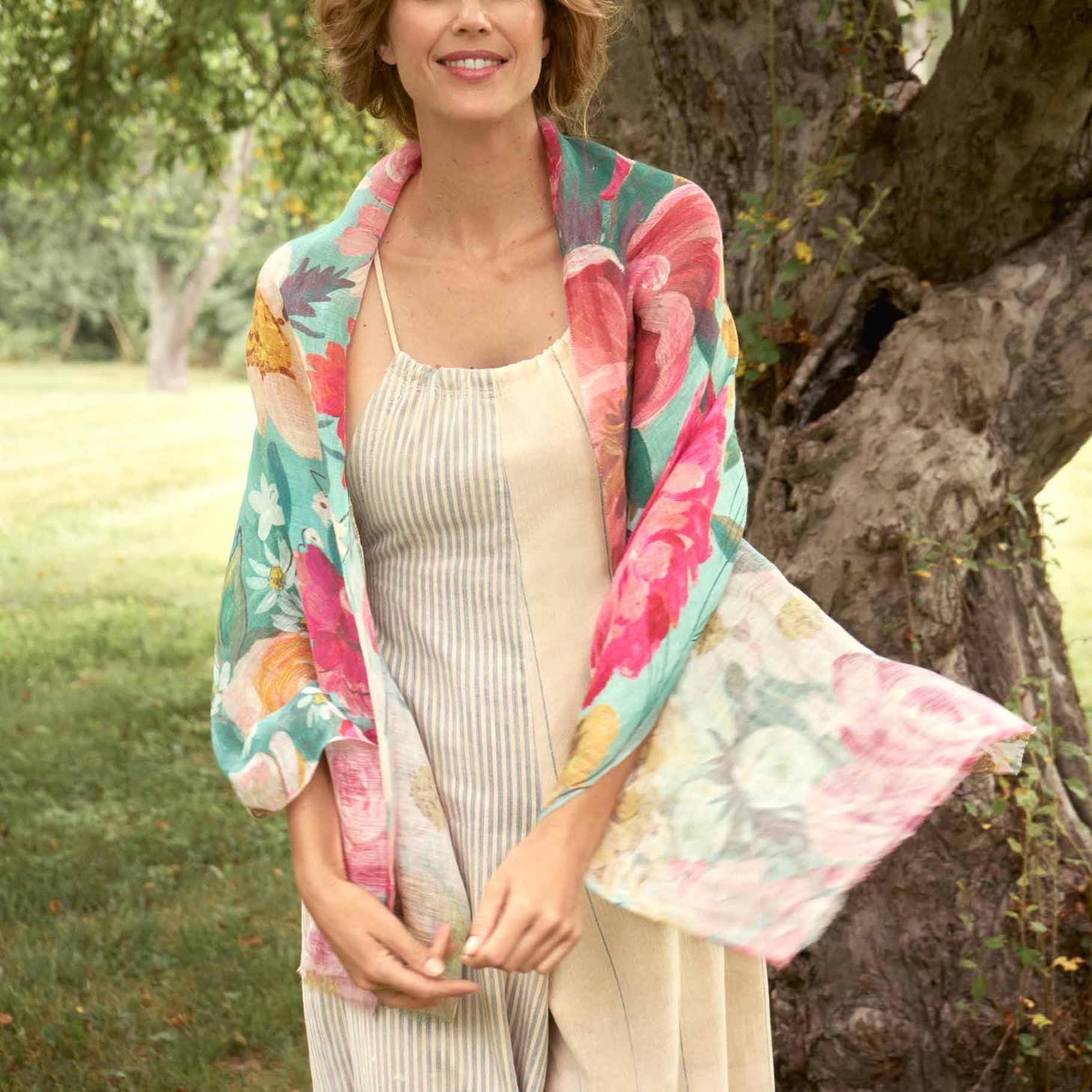 100% Pure Linen Teal-colored Impressionist Floral Patterned Scarf for Fashion Enthusiasts