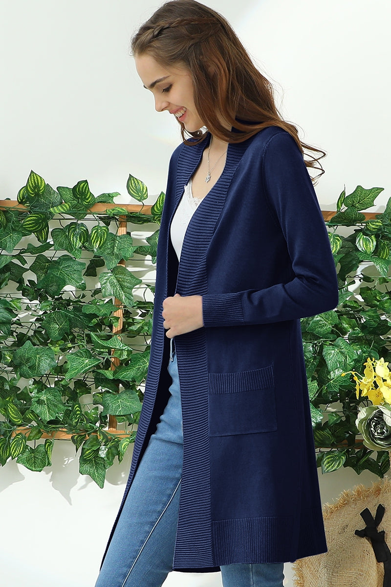 Cozy Long Sleeve Front-Open Cardigan with Convenient Side Pockets