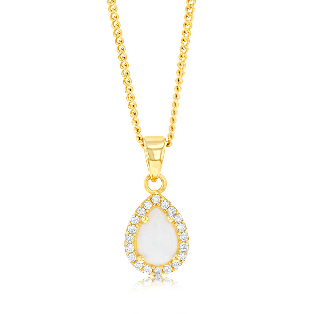 9ct Yellow Gold Pear-Shaped Opal and Cubic Zirconia Necklace Pendant for Women