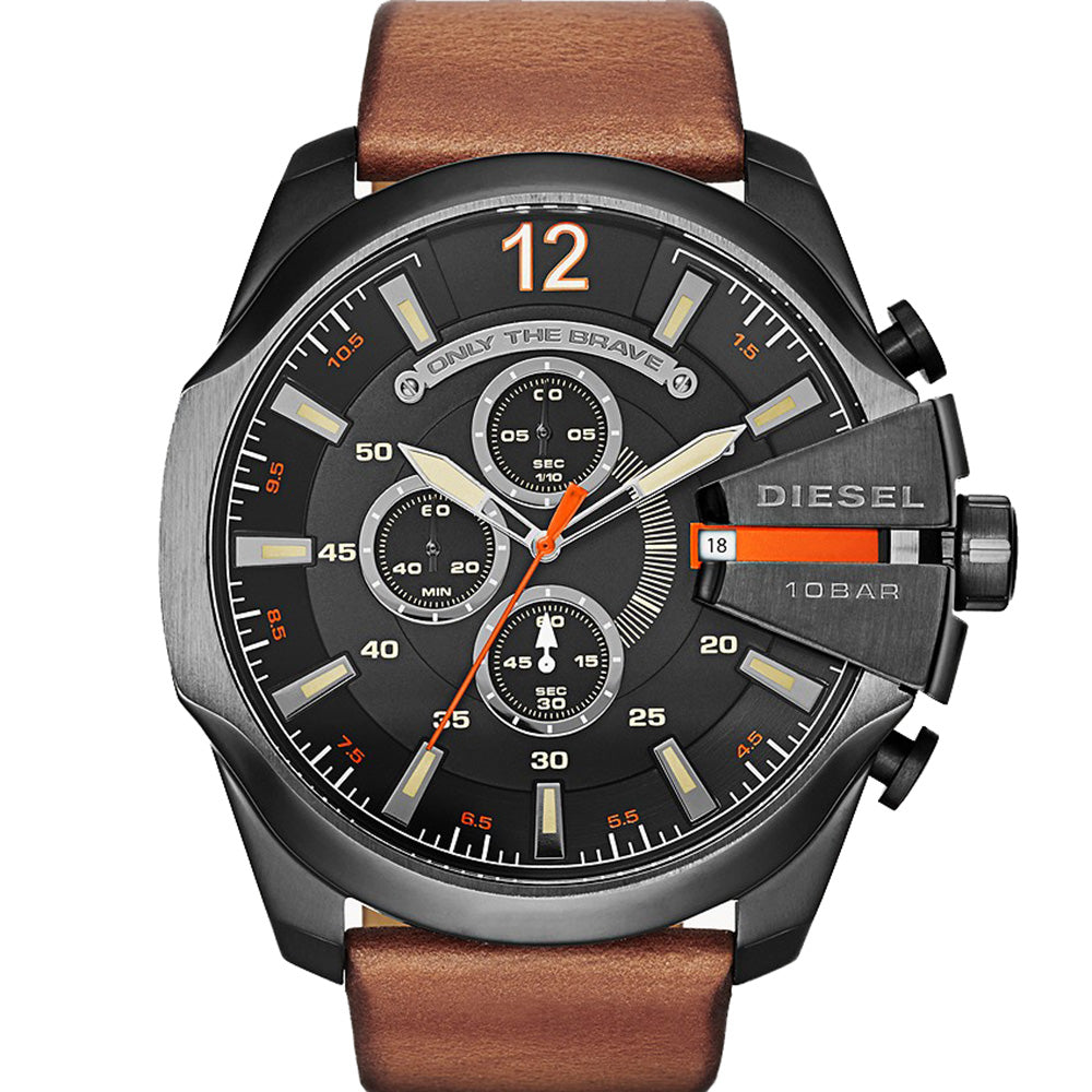 Brown Leather Strap Diesel Mega Chief DZ4343 Men's Chronograph Watch