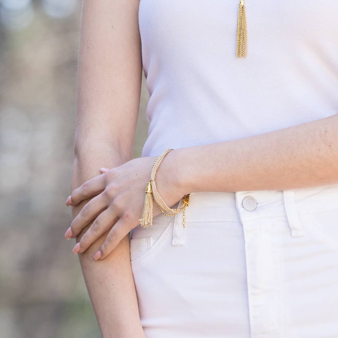 Sachi Bohemian Style Neutrals Jewelry Collection Bracelet with Chain Tassel Decoration
