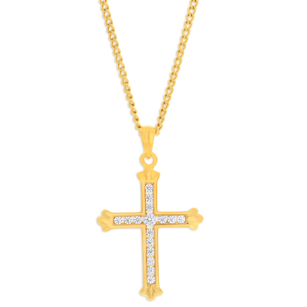 18mm 9 Carat Yellow Gold Fancy Cross Pendant Embellished with Cubic Zirconia