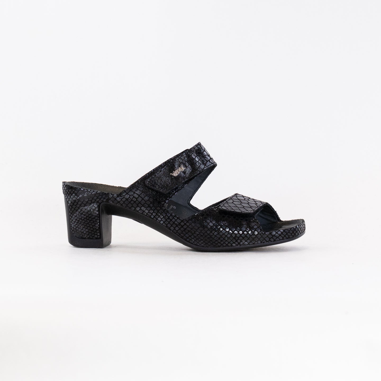 Women's Stylish Vital Joy Mule Sandals in Black Snake-Print Leather