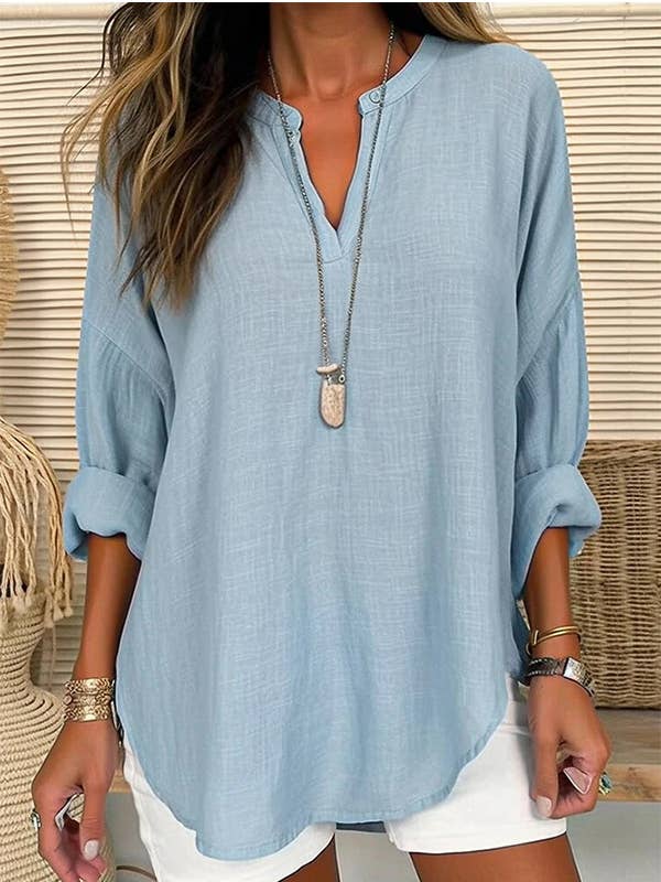 Casual Long Sleeve V Neck Top Crafted from Premium Linen