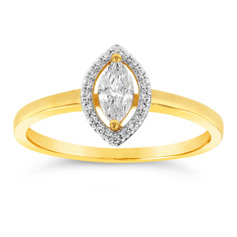 9 Carat Yellow Gold Ring with Marquise - Shaped Cubic Zirconia Gemstone for Exquisite Jewelry Collection