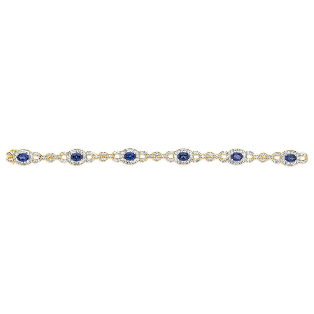 19cm 9ct Yellow Gold Bracelet with Diamonds and Lab - Created Sapphires