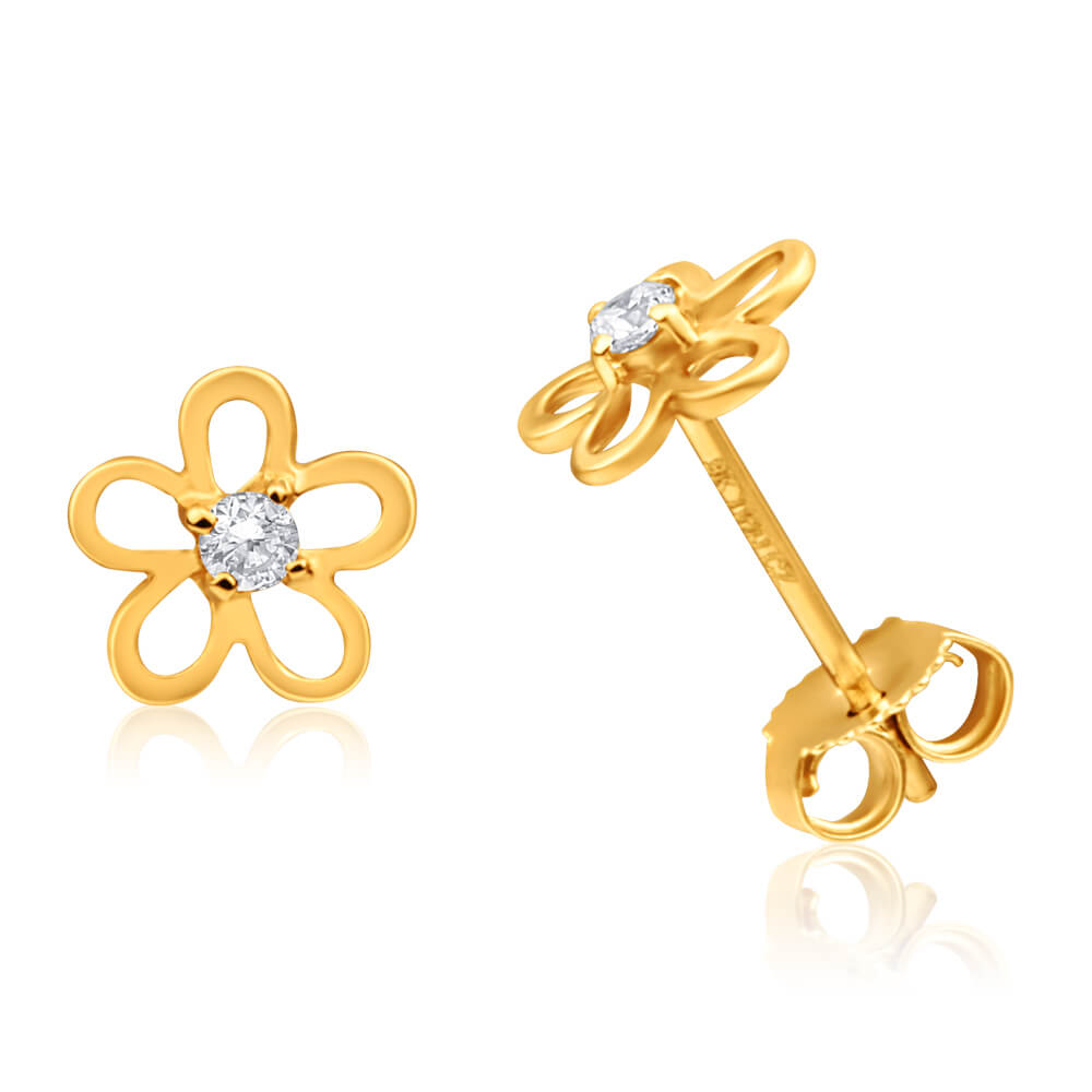 Gorgeous 9ct Yellow Gold Stud Earrings with Sparkling Cubic Zirconia Flowers