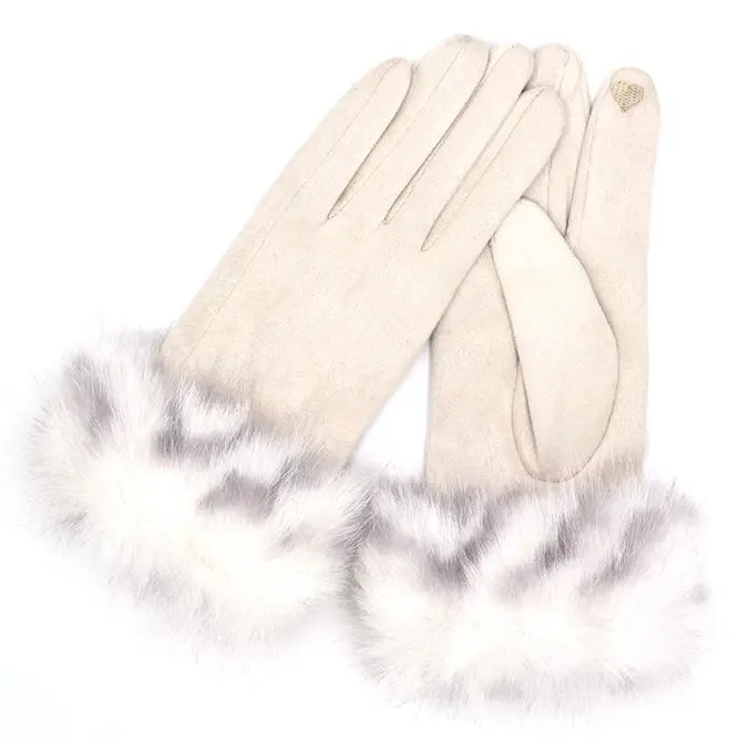 Stylish Mixed Color Artificial Fur Cuff Smart Touch Winter Gloves